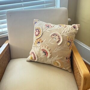 Waverly Throw Pillow 16x16" Tan Floral Embroidered Boho Whimsical Earthy Neutral